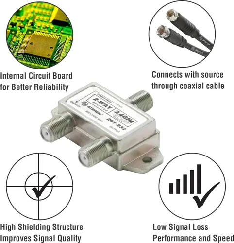 Vista 7 de STEREN 2 vías 2.4GHz 90dB 1 puerto de paso de alimentación DC que pasa en un puerto F-Pin divisor coaxial [201-232]