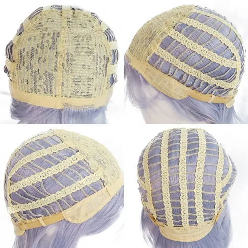 Vista 6 de JoneTing Azul Ashengrotto Peluca + Gorro para el cabello Peluca gris púrpura Anime Cosplay peluca sintética corta púrpura claro ondulado pelucas