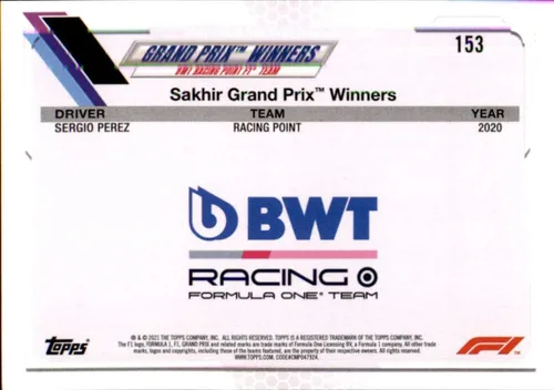 Vista 2 de 2021 Topps Formula 1 # 153 Sergio Pérez BWT Racing Point F1 - Tarjeta de carreras