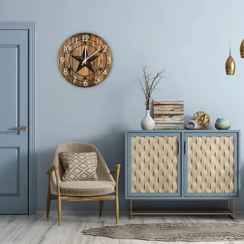 Vista 4 de Reloj de pared redondo de madera con estrella de Texas occidental, silencioso a pilas, funciona con pilas, decoración del hogar para sala de estar