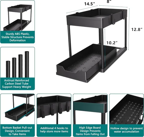 Vista 6 de Organizador para debajo del fregadero, paquete de 2, organizador de baño extraíble, organizador de baño y cocina deslizable de 2 niveles