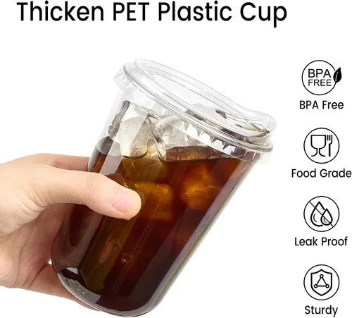 Vista 4 de Tazas de plástico transparentes con fondo redondo y tapas con orificio, 25 juegos, tazas de café helado desechables de 16 oz con tapas sin pajita