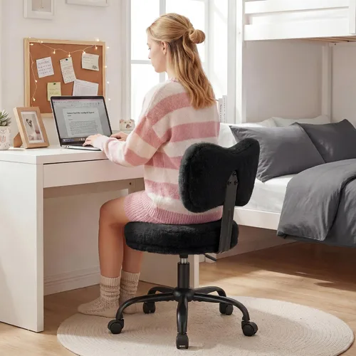 Vista 8 de Homkdom Silla de tocador con ruedas, bonita silla de escritorio con respaldo de lazo, silla de oficina pequeña de piel de conejo sintética esponjosa