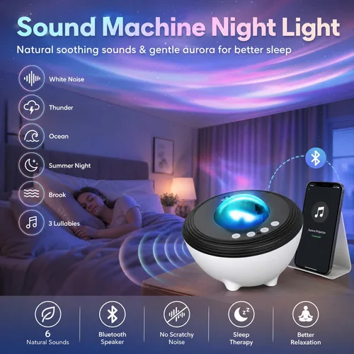 Vista 4 de Proyector de Galaxia, Proyector de Luces de Estrellas para Dormitorio con 33 Efectos de Iluminación, Proyector Aurora con Altavoz Bluetooth 5.0