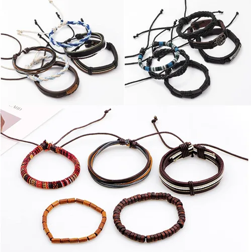 Vista 7 de MOZAKA 36 pulseras de cuero trenzado para hombres y mujeres, hechas a mano, pulseras de cuentas de madera, pulseras étnicas tribales vintage, juego