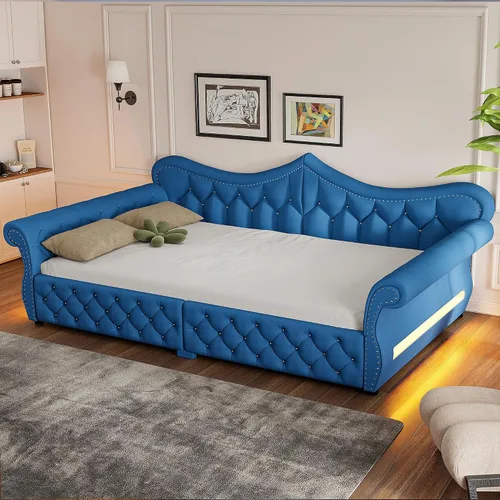 Vista 13 de Cama Diván Moderna Tamaño Twin XL con Cinturón LED y Cama Nido, Marco de Cama Plataforma de Madera con Cabecera Tapizada con Almacenamiento, Sofá