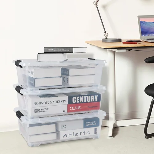Vista 4 de Cajas de almacenamiento de 20 cuartos de galón debajo de la cama con ruedas, contenedor de almacenamiento de plástico transparente con pestillo