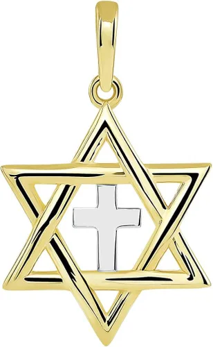 Vista 2 de Collar con colgante de oro amarillo de 14 quilates con estrella judía de David con cruz religiosa Judeo cristiana