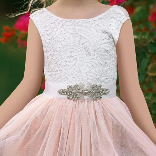 Vista 5 de MCieloLuna Vestidos de tul de longitud completa con encaje en la espalda para niña con lazo para fiesta, cumpleaños, primera comunión MC27