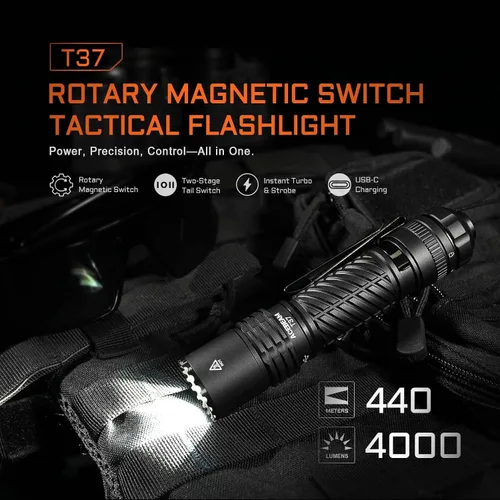 Vista 2 de ACEBEAM T37 EDC Tactical 5 Modos Rotary Magnetic Switch Flashlight, 4000 lúmenes altos 440M linterna de largo alcance, interruptor de cola de dos