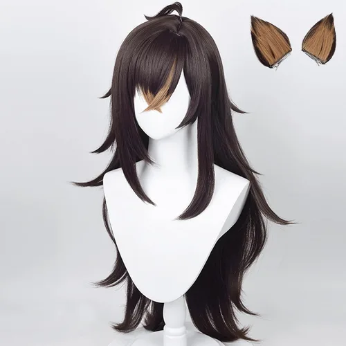 Vista 4 de Genshin Impact Cosplay Peluca para Dehya Sumeru Pelucas de anime con 2 orejas de pelo largo ondulado marrón con gorra de peluca gratis para cómic