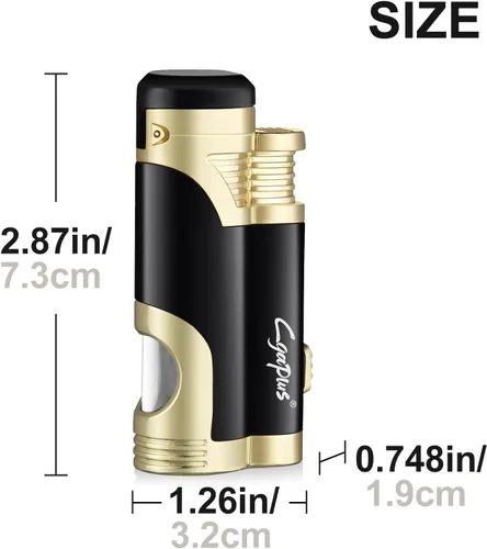 Vista 6 de GUEVARA Encendedor de Antorcha de Butano con Punzón a Prueba de Viento de Doble Chorro (Negro-Dorado) Dual jet flame, windproof, butane refillable