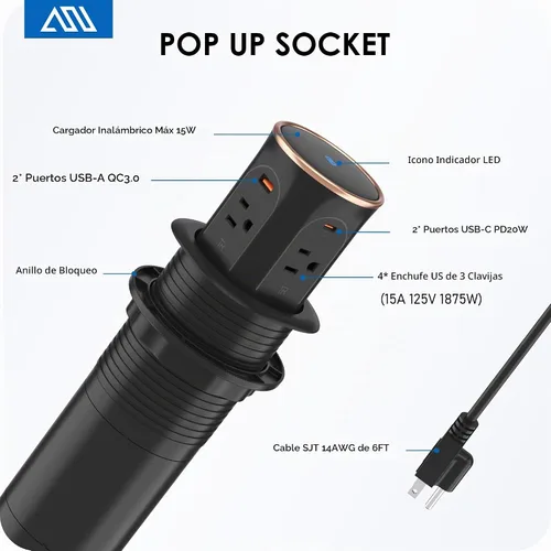 Vista 7 de ANNQUAN Receptáculo motorizado de encimera desplegable con cargador inalámbrico de 15 W, entrega de potencia máxima de 20 W, salida automática