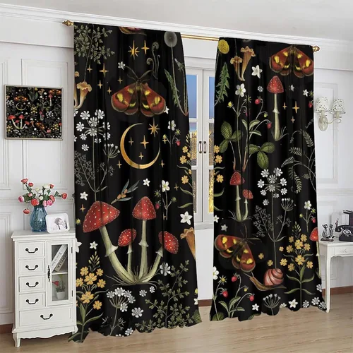 Vista 4 de Cortinas de hongos, tratamiento de ventana con estampado botánico de plantas para sala de estar, cortinas para el hogar, 2 paneles, decoración de 42