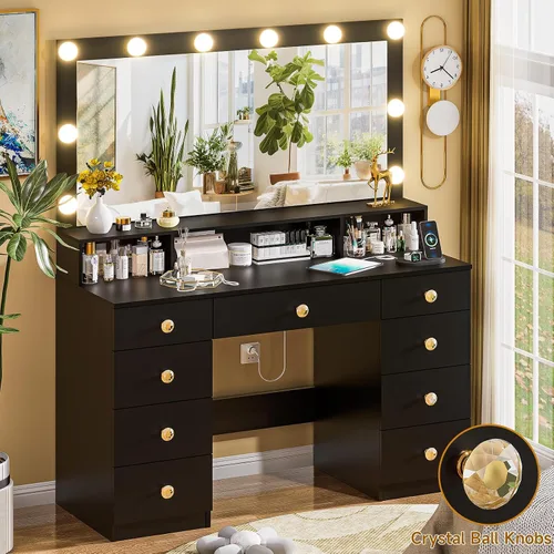Vista 2 de DINGIPP Escritorio de tocador con espejo y luces, escritorio de maquillaje con 9 cajones y asas de cristal, tocador de dormitorio con toma