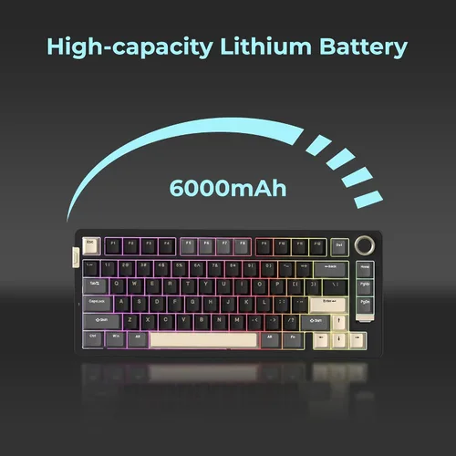 Vista 5 de Rosewill Neon S75 - Teclado mecánico inalámbrico para juegos, diseño de 80 teclas con perilla de volumen, Bluetooth / 2.4 GHz / USB-C, interruptores