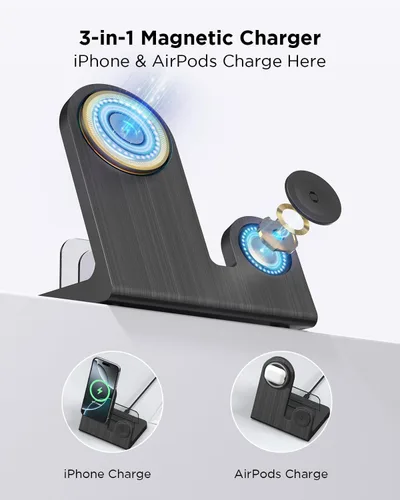 Vista 6 de Cargador inalámbrico Mag-Safe para iPhone: estación de carga 3 en 1 para múltiples dispositivos Apple - Soporte de carga de 18 W para iPhone 16 15