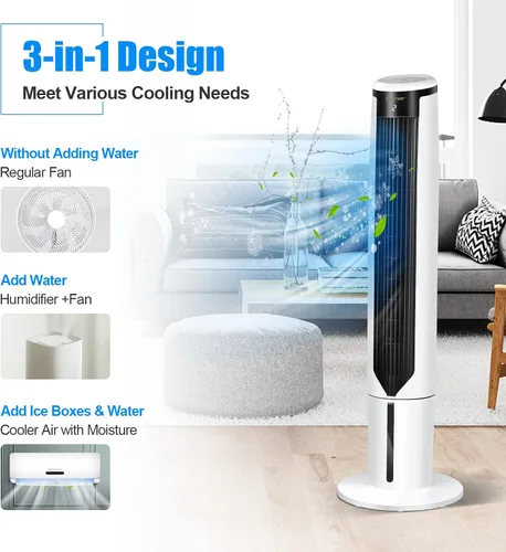 Vista 8 de COSTWAY Enfriador de aire evaporativo, enfriador de aire oscilante portátil de 41 pulgadas con control remoto, 3 modos, 3 velocidades, pantalla LED