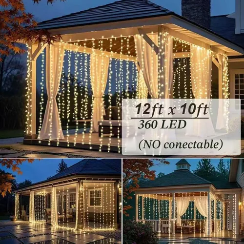Vista 2 de Solhice Cortina de luces LED para exteriores, 12 x 10 pies, 360 luces LED para colgar en interiores y dormitorios, luz de fondo para decoración