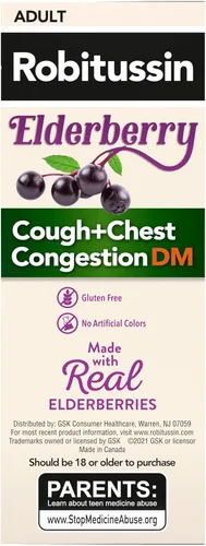 Vista 9 de Robitussin Máxima fuerza para la tos de saúco y la congestión del pecho, DM, supresor de la tos para adultos, proporciona alivio líquido para la tos