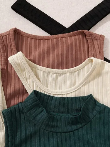 Vista 3 de MakeMeChic Paquete de 4 camisetas sin mangas de punto acanalado liso para mujer