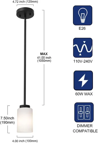 Vista 4 de TODOLUZ Luminaria Colgante Negra con Cristal Blanco Ópal, Mini Candelabro de Estilo Rústico para Isla de Cocina y Pasillo