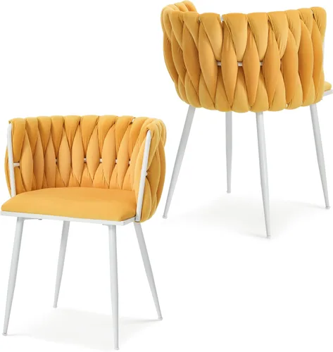 Vista 37 de Juego de 2 sillas de comedor de terciopelo, sillas laterales tapizadas tejidas con patas de metal negro, sillas decorativas modernas, sillas