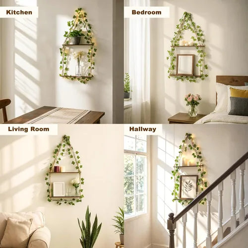 Vista 6 de Artilady Estante colgante de pared de macramé con luz de hiedra artificial para almacenamiento Estantes de madera ajustables de 2 niveles