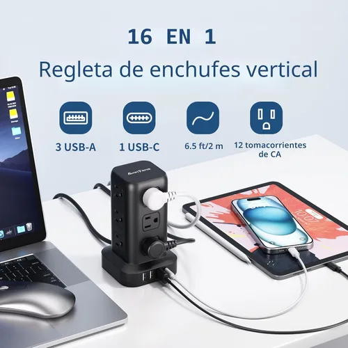 Vista 2 de AnnTane Protector de Sobretensión Regleta de Alimentación con Cable de 6.5 Pies, Regleta de Alimentación de Torre con 4 Puertos USB (1 USB C), Cable