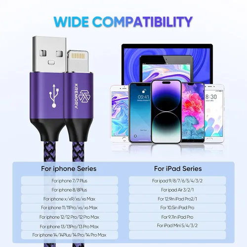 Vista 7 de Cargador para iPhone Paquete de 5, Cable Lightning USB de 10 pies, Cable Certificado Apple Mfi, Cable de Carga Rápida Trenzado de Nylon Compatible