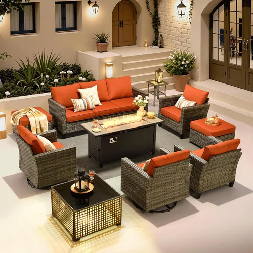 Vista 9 de ovios Juego de muebles de patio de 4 piezas con sofá de exterior, luces solares, mesa, cojines cómodos, sofá de conversación de mimbre de ratán