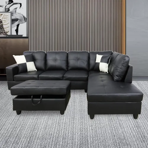 Vista 19 de Juego de sofá seccional de cuero para sala de estar, juego de 3 piezas con almacenamiento otomano negro para sala de estar/dormitorio/apartamento