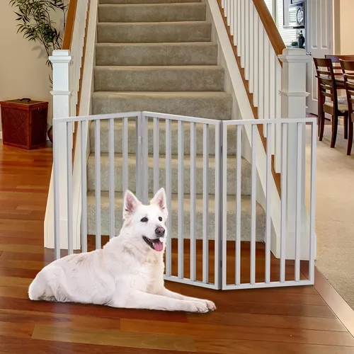 Vista 8 de Puerta para Mascotas de Interior - Puerta Plegable de 3 Paneles para Perros para Escaleras o Entradas - Cerca Independiente para Mascotas de 54x32