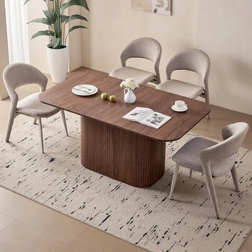 Vista 11 de Juego de 4 mesas de comedor grandes de 63 pulgadas para 4, esquinas redondeadas, mesa de cocina rectangular moderna de madera con sillas Boucle
