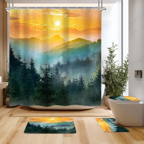 Vista 18 de Riyidecor - Cortina para ducha pequeña de montaña, 36 pulgadas de ancho x 72 pulgadas de alto, para RV, azul marino, con diseño de bosque nebuloso