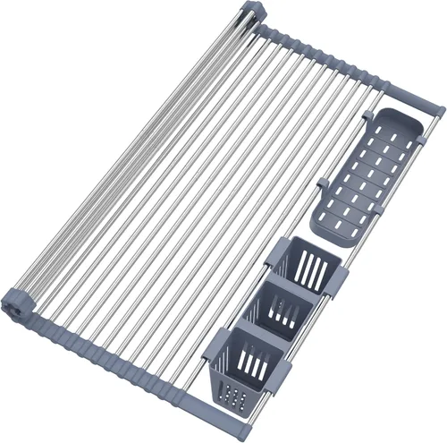 Vista 9 de Escurridor de platos enrollable negro expandible de hasta 22.8 pulgadas con 2 cestas de almacenamiento, escurridor de platos enrollable para cocina