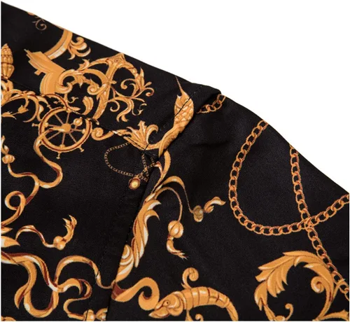 Vista 4 de fohemr Camisas de vestir de lujo para hombre, diseño barroco de cadena dorada, casual, manga larga, con botones, para fiesta, color negro