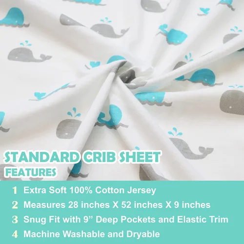 Vista 3 de American Baby Company - Paquete de cuna para bebé: cubre colchón protector, sábana a la medida y manta térmica., paquete de de 1, Ballenas turquesa