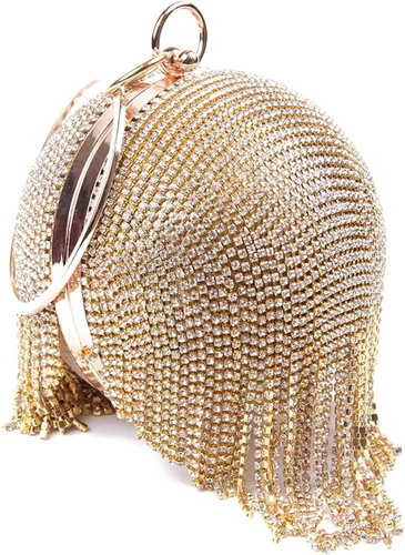 Vista 3 de Bolso de mano redondo de cristal para mujer, con borla, para fiesta de boda Oro