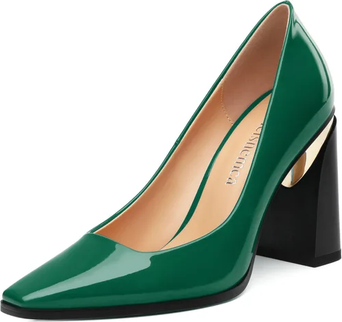 Vista 23 de Tacones altos para mujer, zapatos de vestir de tacón grueso con puntera cuadrada cerrada de patente, tacones elegantes, zapatos de vestir diarios