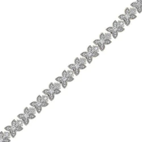 Vista 3 de Juego de puntas de plata de ley de 12 quilates, precioso diseño de flores, pulsera de tenis de diamantes (J-K, I3) Joyería para mujeres y niñas