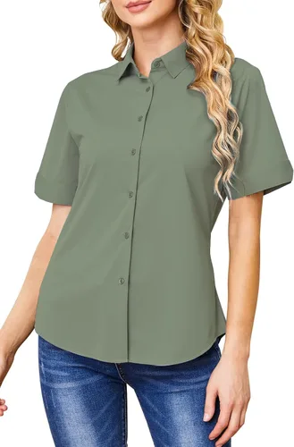 Vista 8 de Camisas con botones para mujer, sin arrugas, ajustadas, manga corta, formal, sólidas, blusas
