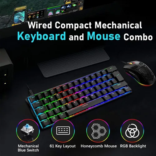 Vista 2 de Teclado mecánico para juegos y mouse ligero de panal con retroiluminación RGB arco iris, 61 teclas, ergonómico, programable, con cable, USB