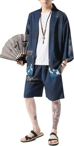Vista 5 de PRIJOUHE Conjunto de kimono de estilo japonés para hombre, ligero, casual, siete mangas, frente abierto, cárdigan y pantalones cortos