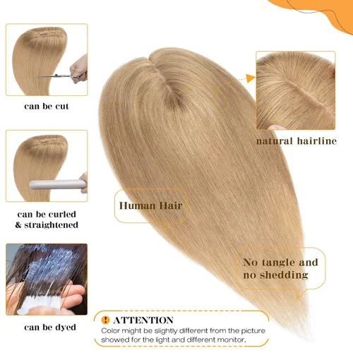 Vista 3 de S-noilite Toppers para el cabello humano real para mujer, sin flequillo, 14 pulgadas, #27 rubio oscuro, base de seda, clip en la parte superior