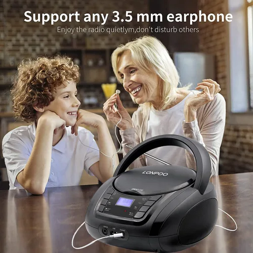 Vista 5 de LONPOO Reproductor de CD portátil Boombox con radio FM/USB/Bluetooth/entrada AUX y salida de jack de auriculares, altavoz de sonido estéreo y Negro