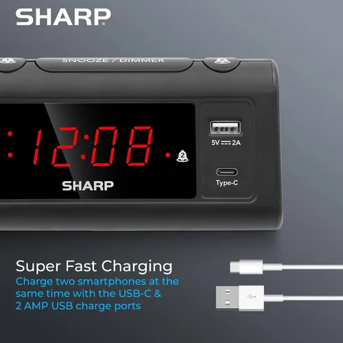 Vista 2 de Reloj de Alarma Sharp para Dormitorios, Carga USB-C Super Rápida y Carga USB de 2 Amperios Rápida, 2 Alarmas, Atenuador de 3 Pasos, Función Reposo