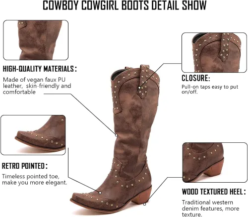 Vista 3 de Tscoyuki Botas de media pantorrilla para mujer, con tachuelas, puntera puntiaguda, tacón grueso, vaquera, desgastadas