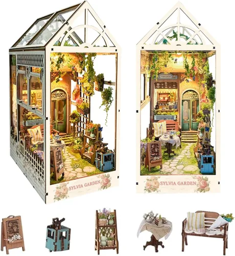 Vista 13 de Kit de rincón de lectura - Kit de casa de muñecas DIY en miniatura de madera con cubierta de polvo, estantería decorativa, rompecabezas 3D