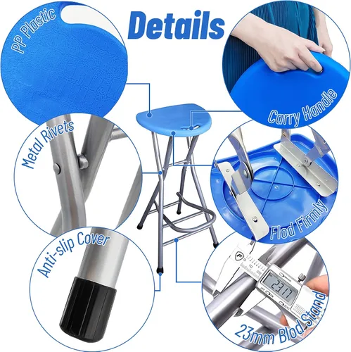 Vista 6 de Be&xn Taburetes plegables para adultos, portátil, taburete plegable de 28 pulgadas, resistente, taburetes de bar altos para interiores con asa Azul